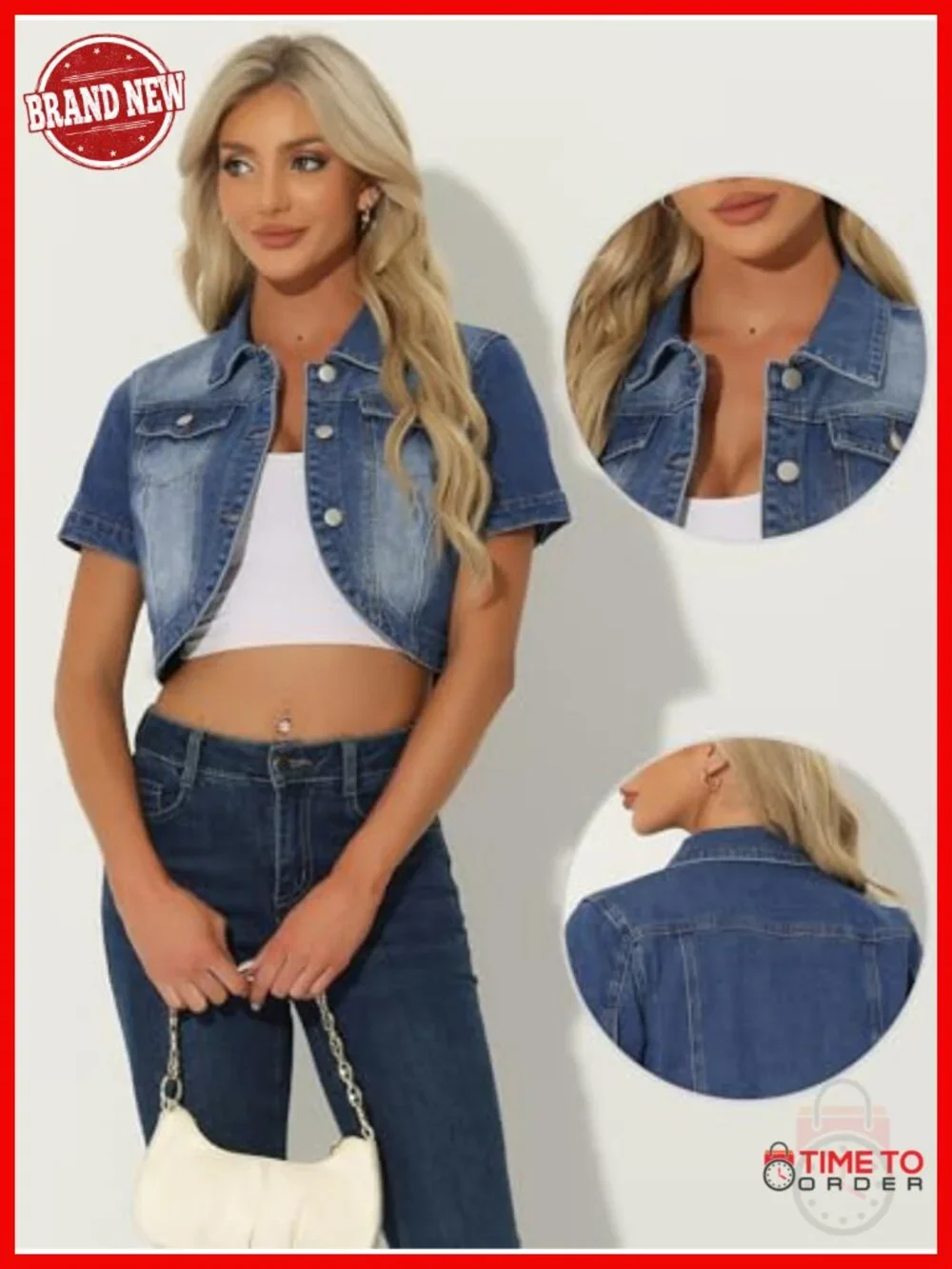 Short Sleeve Crop Denim Jacket Turndown Collar Casual_3